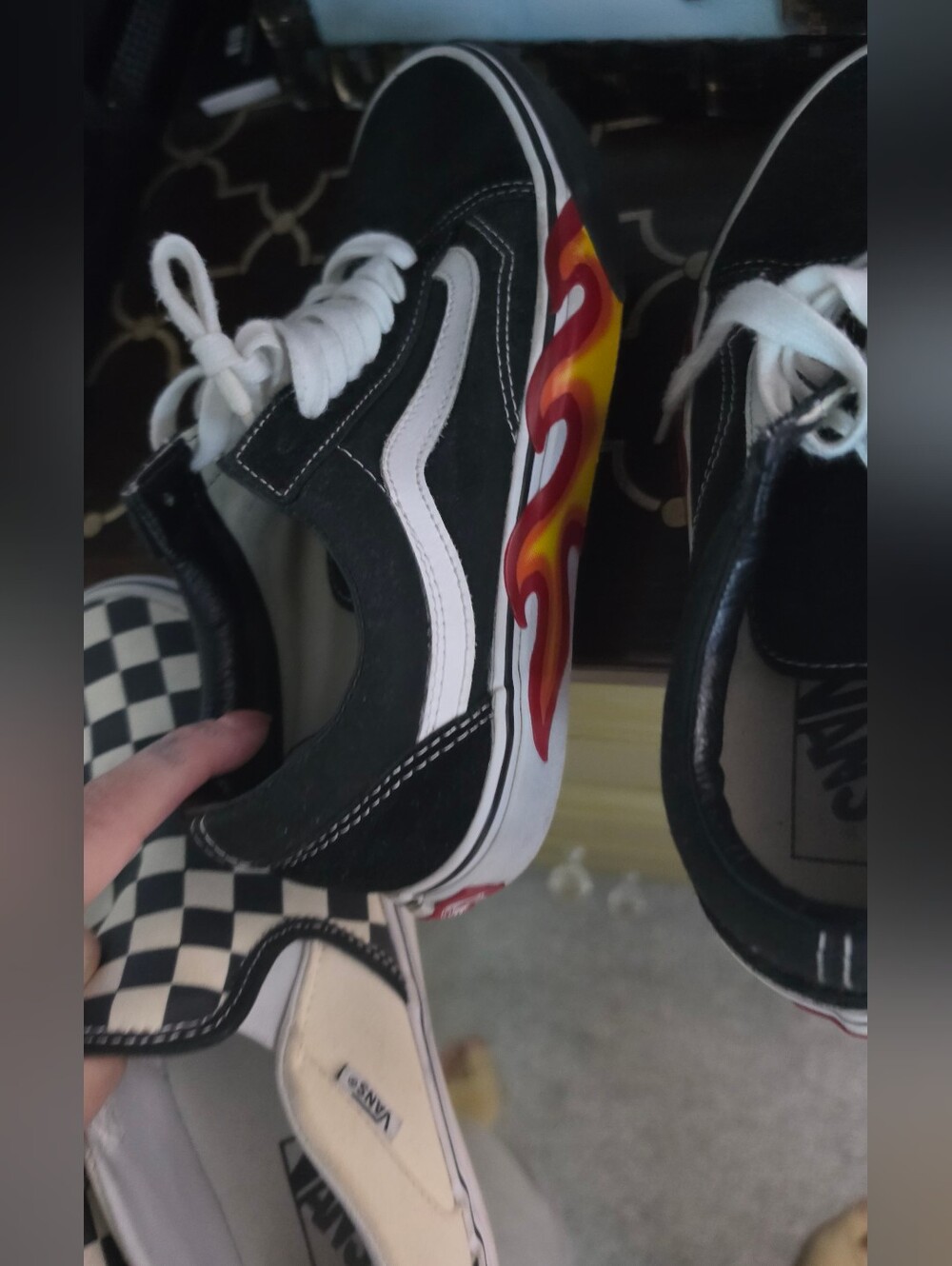 Vans Kids Old Skool Black Sneakers with Red & Yellow Flame Accent